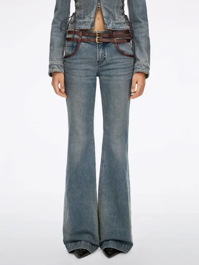 Miss Sixty Leather Panel Flare jeans blå – læder og bælte