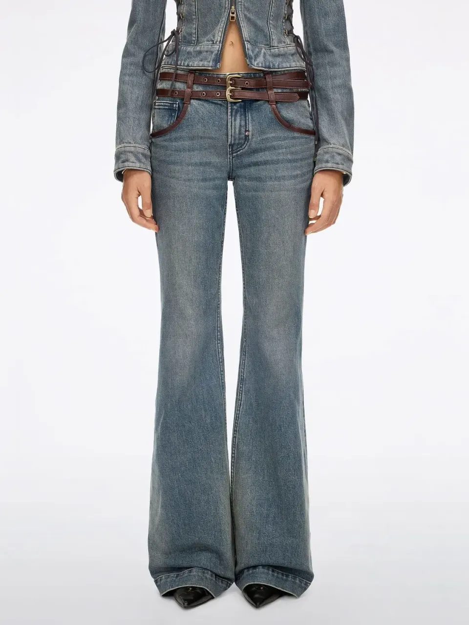 Miss Sixty Leather Panel Flare jeans blå – læder og bælte