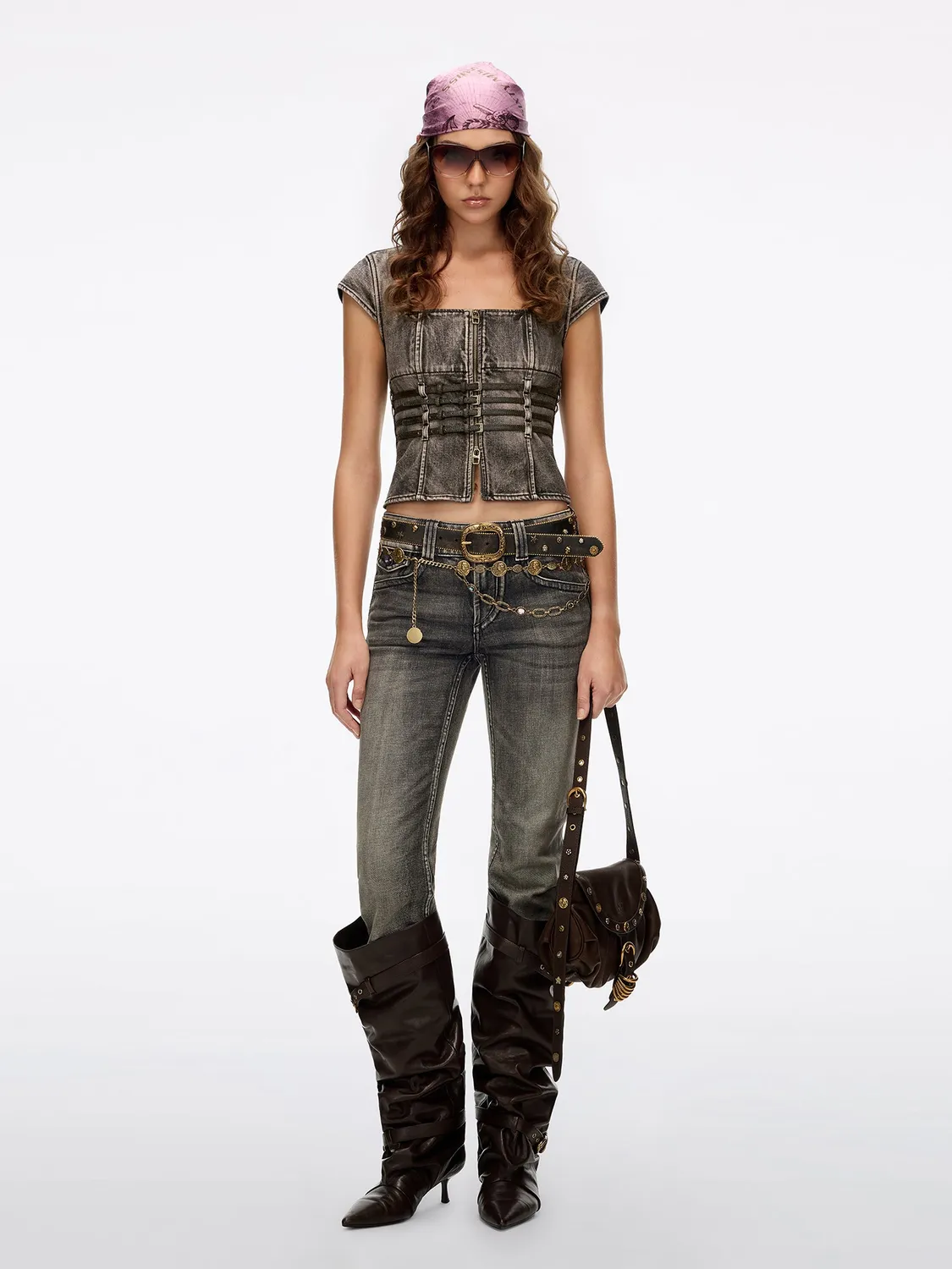 Miss Sixty Distressed Lace-Up denimskjorte vintage black kortærmet