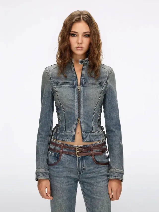 Miss Sixty Lace-Up Denimjakke blue cropped stretch