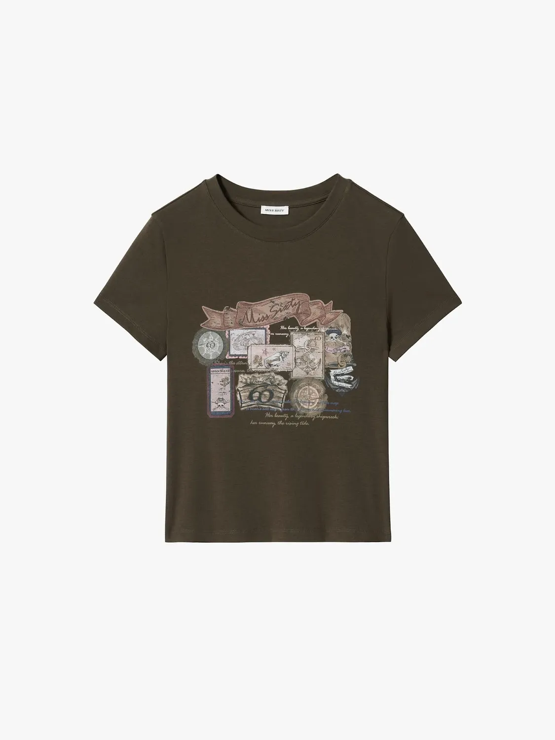 Miss Sixty Distressed Graphic T-Shirt brun cropped XS-L