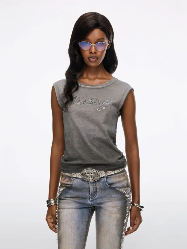 Miss Sixty Faded ærmeløs t-shirt lysegrå bomuld-hør