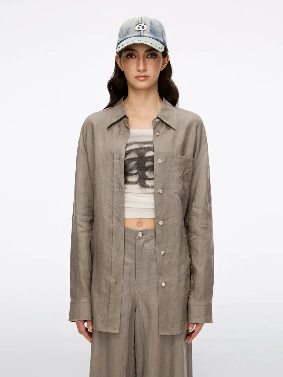 Miss Sixty Embroidered Linen skjorte khaki hør
