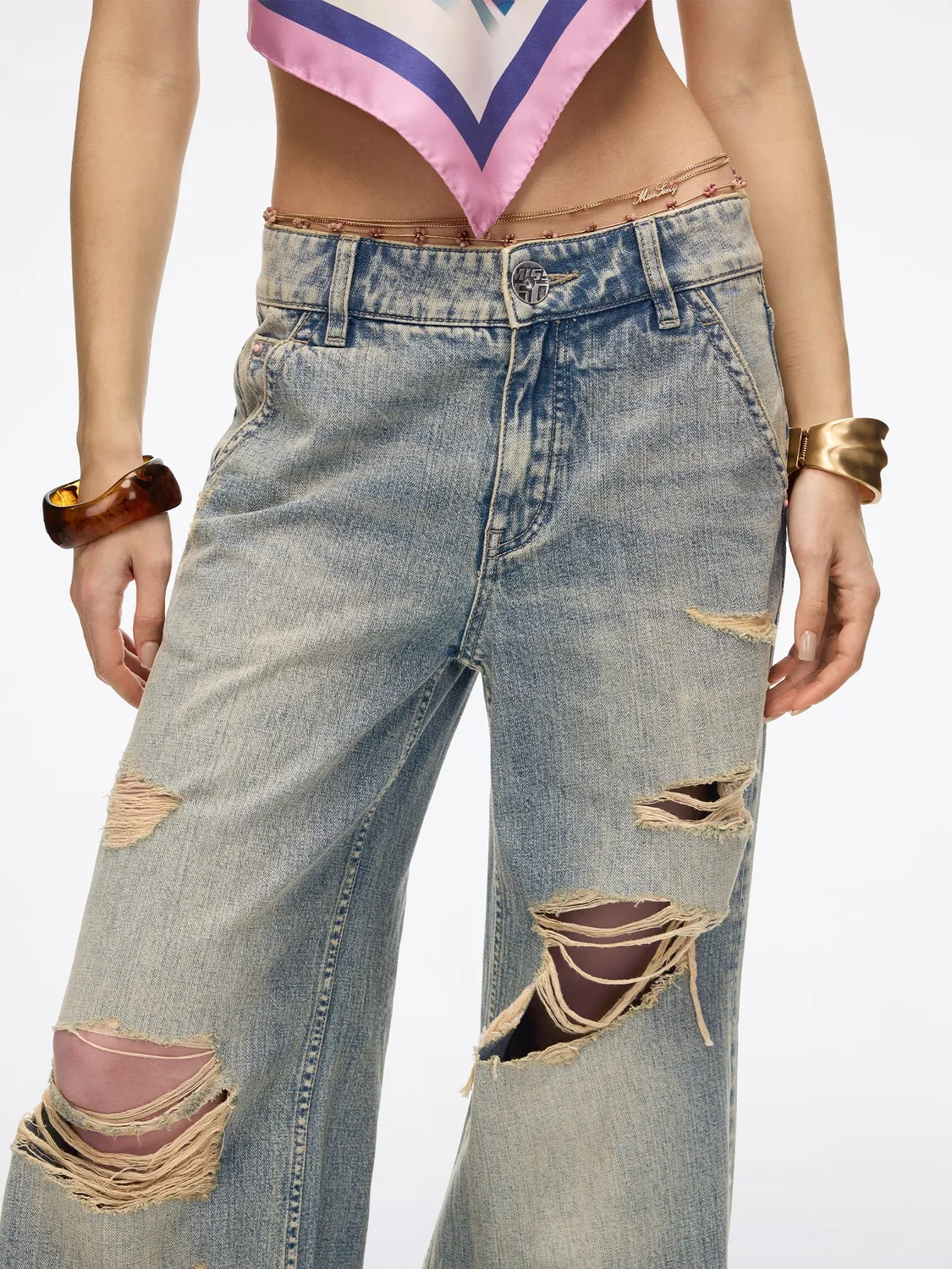 Miss Sixty Chain Detail flare jeans mellemblå lav talje