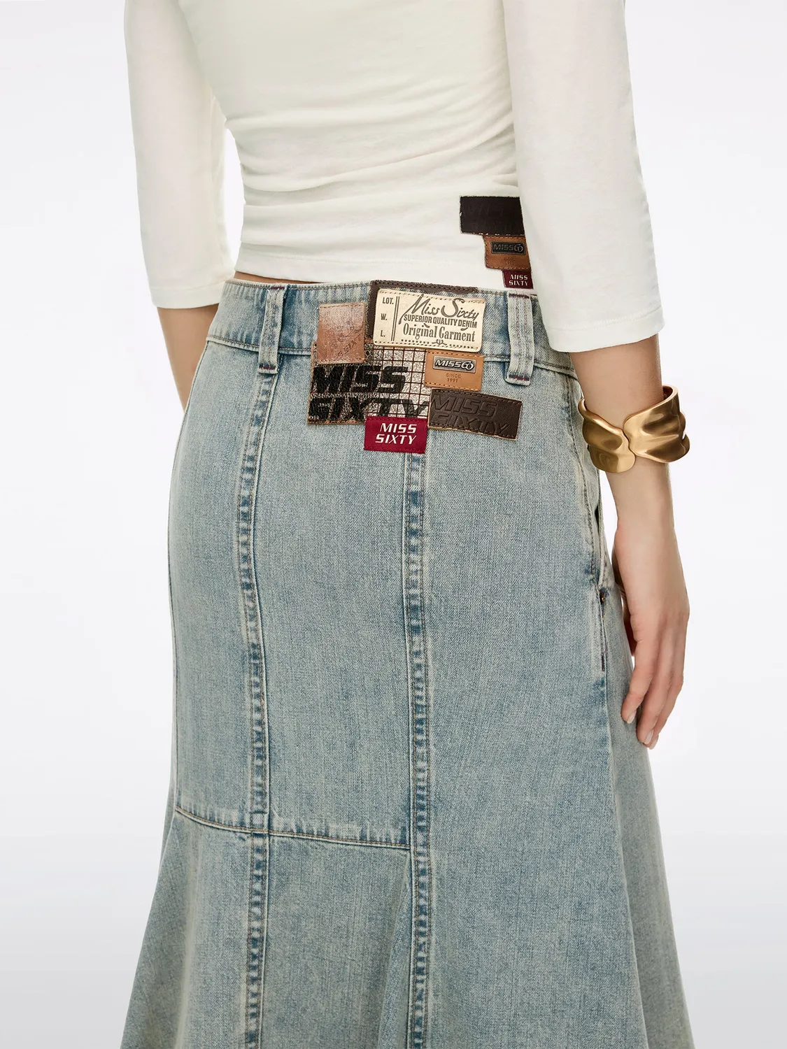 Miss Sixty denim midiskørt patchwork blå – A-line lav talje