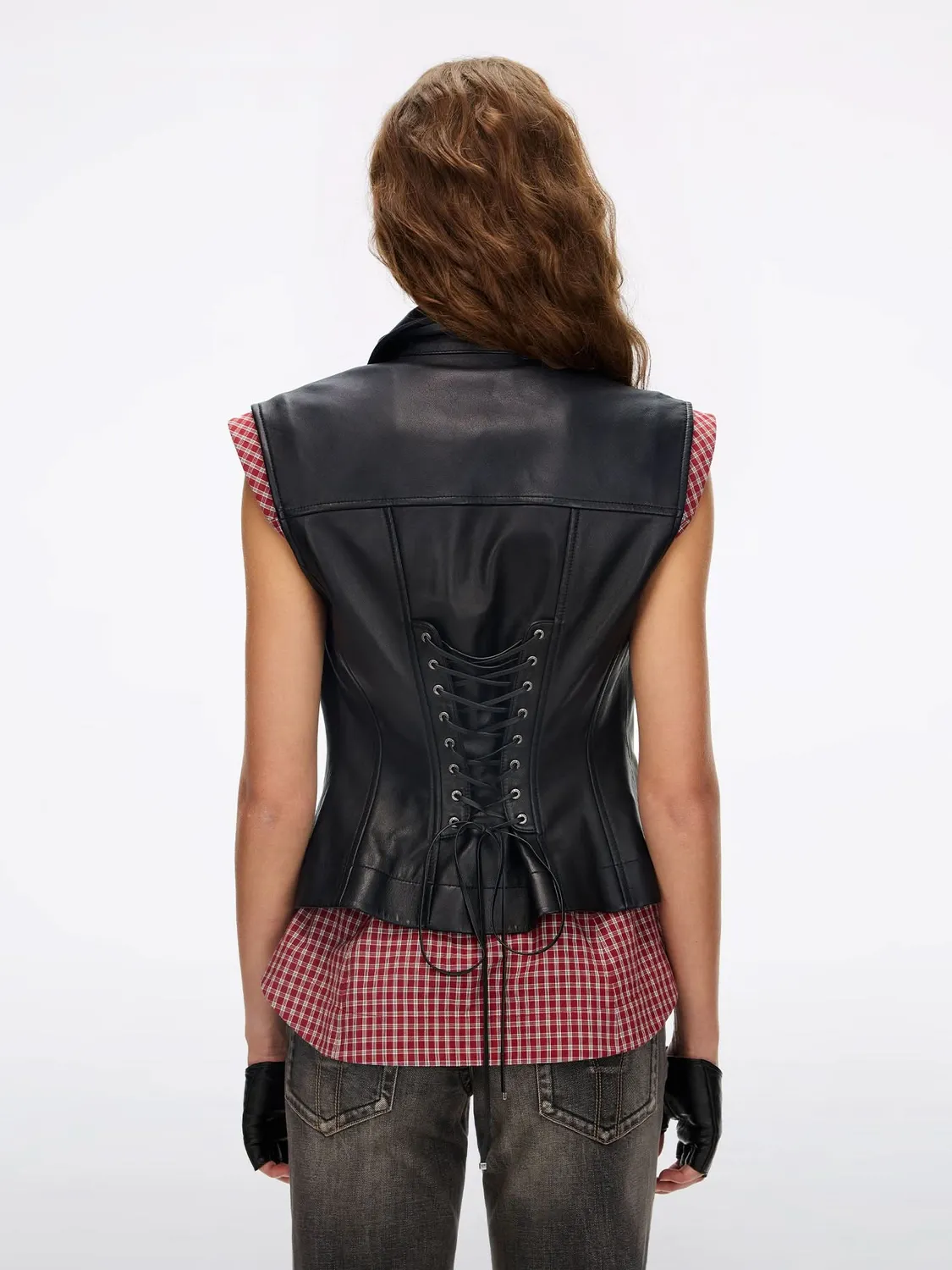 Miss Sixty Lace-Up vest sort lammeskind cropped