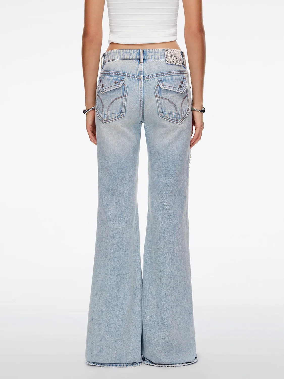 Miss Sixty Distressed Pearl-Embellished Flare Jeans light blue