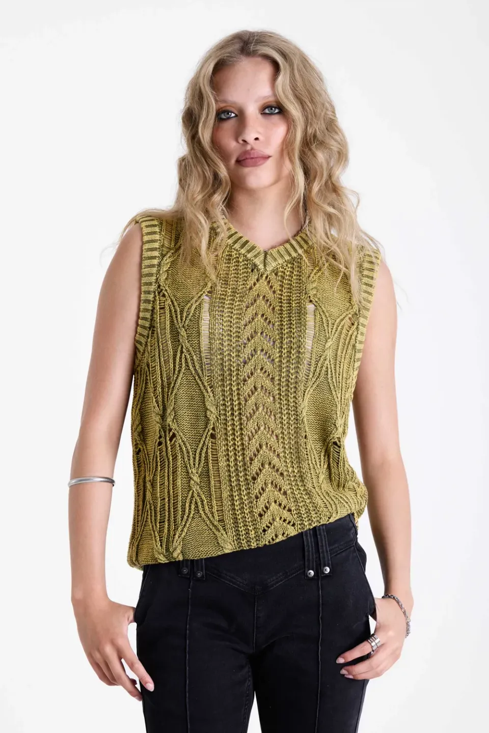 THE RAGGED PRIEST Sleaze Acid Wash Cable Knit strikvest oliven