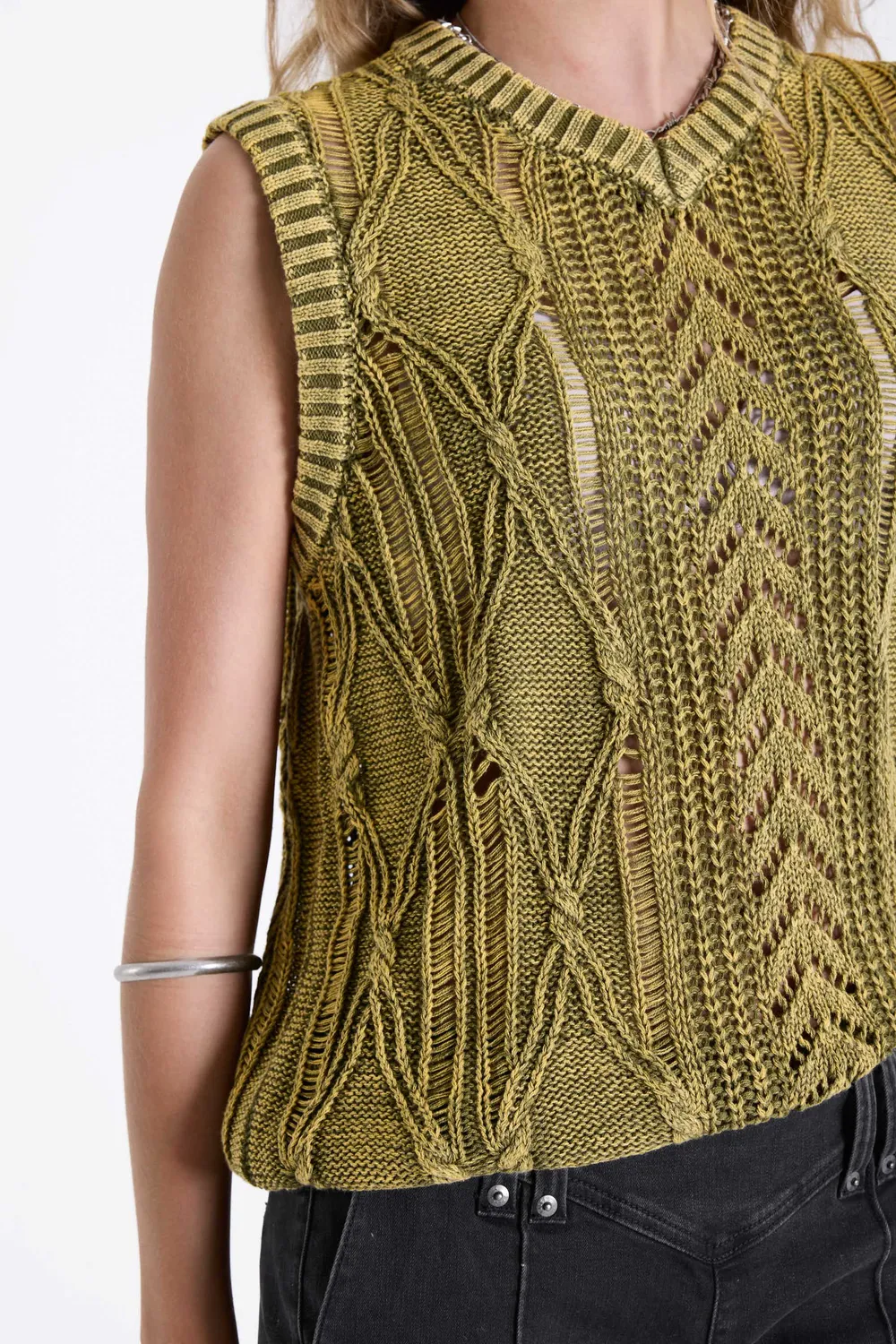 THE RAGGED PRIEST Sleaze Acid Wash Cable Knit strikvest oliven