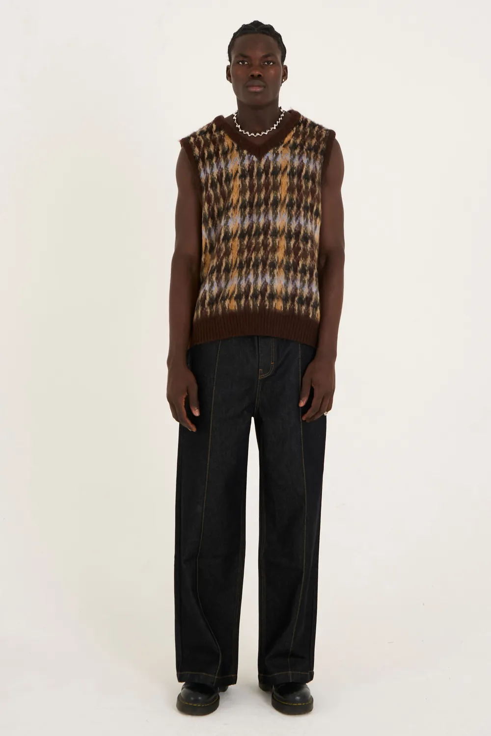 The Ragged Priest Cub Houndstooth strikvest brun oversize