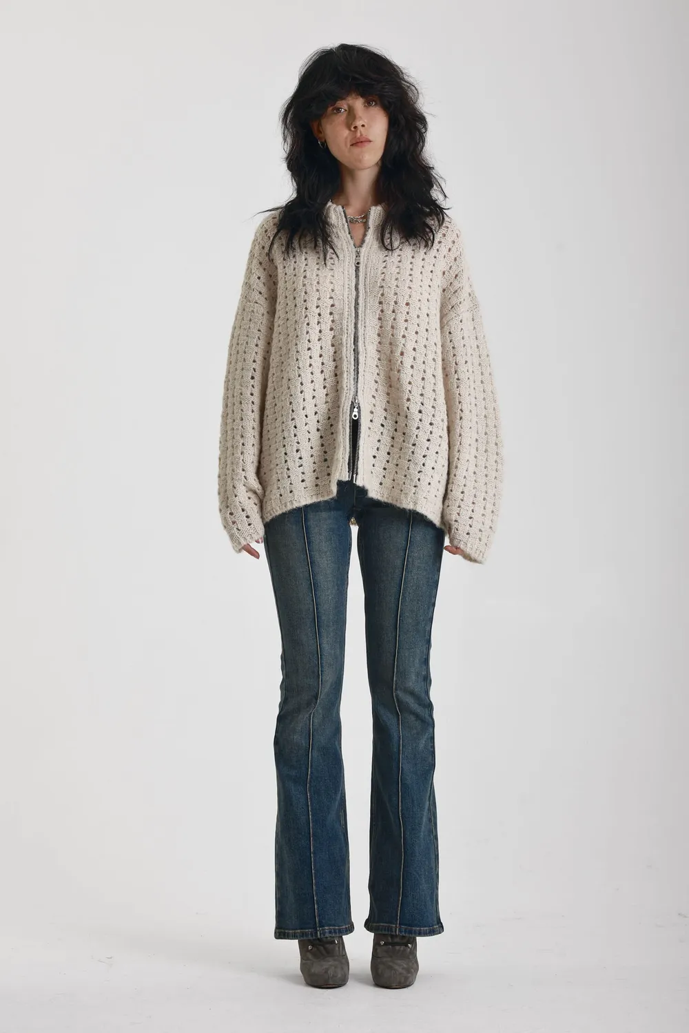 THE RAGGED PRIEST Folk oversized cardigan ecru med lynlås