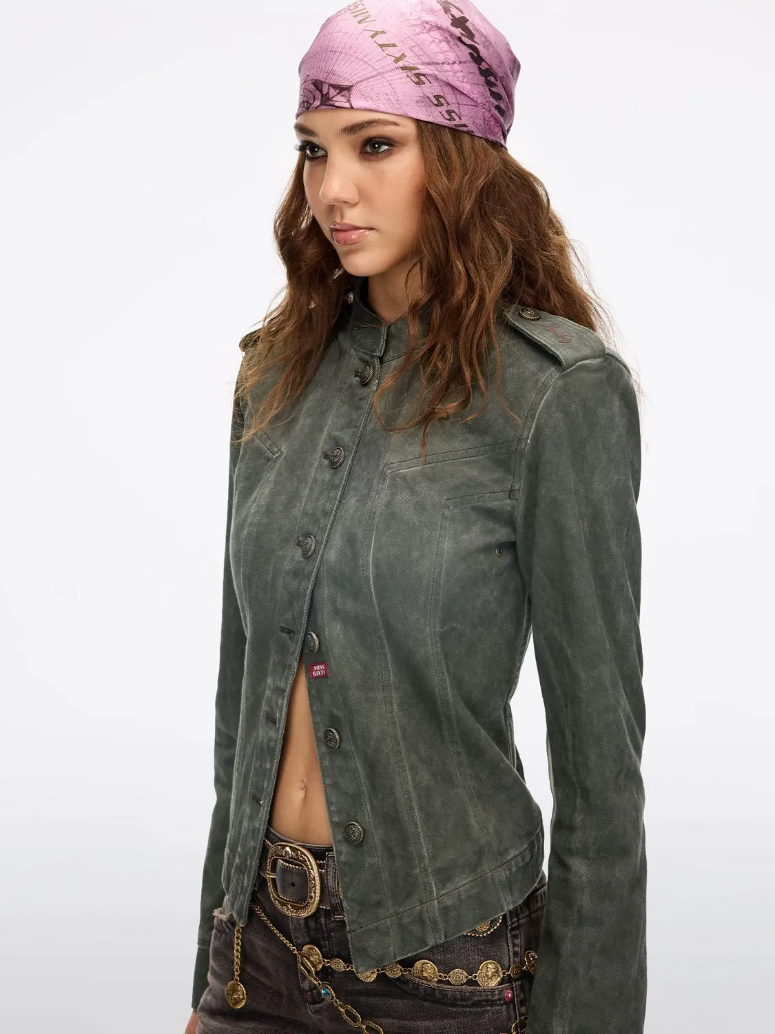 Miss Sixty Distressed denimjakke mørkegrøn cropped