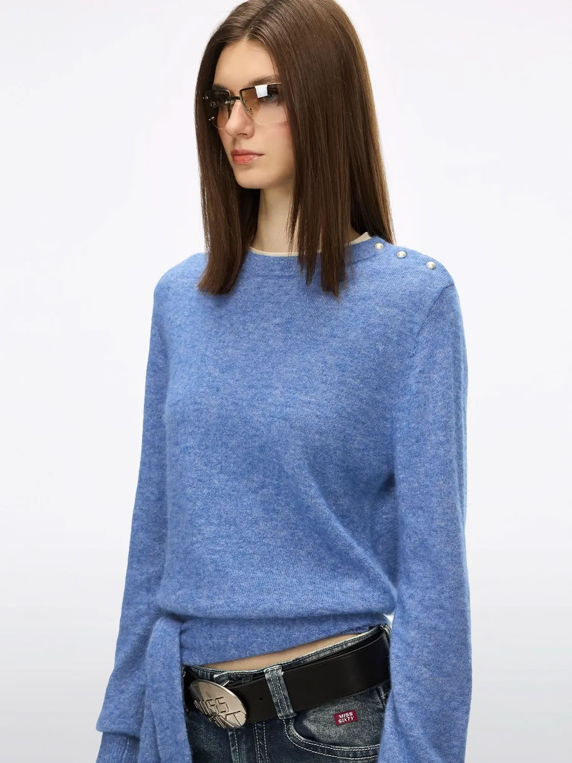 Miss Sixty Alpaca Wool Sweater blå strik med bindebånd