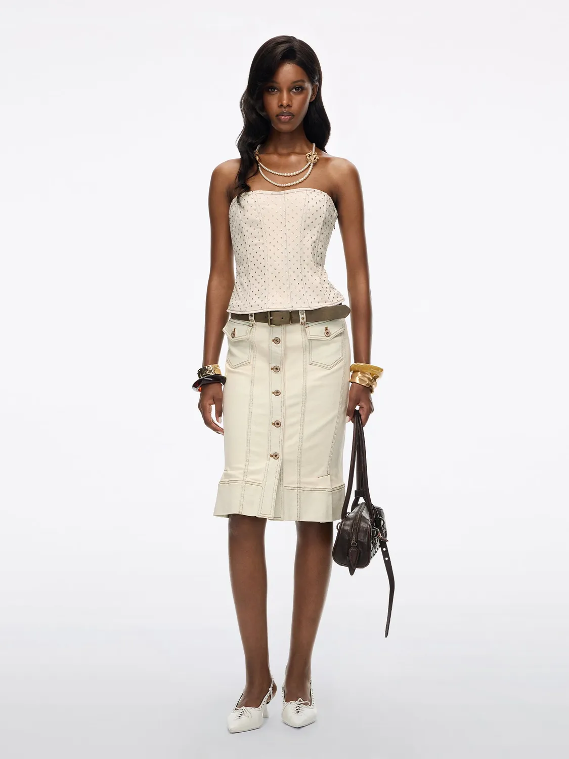 Miss Sixty Pearl Feather-Wing denimnederdel butter yellow højtaljet
