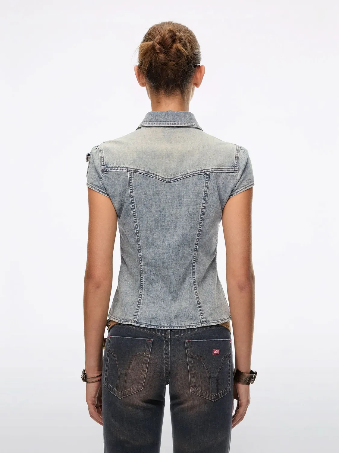 Miss Sixty Distressed denimskjorte vintage lyseblå kortærmet