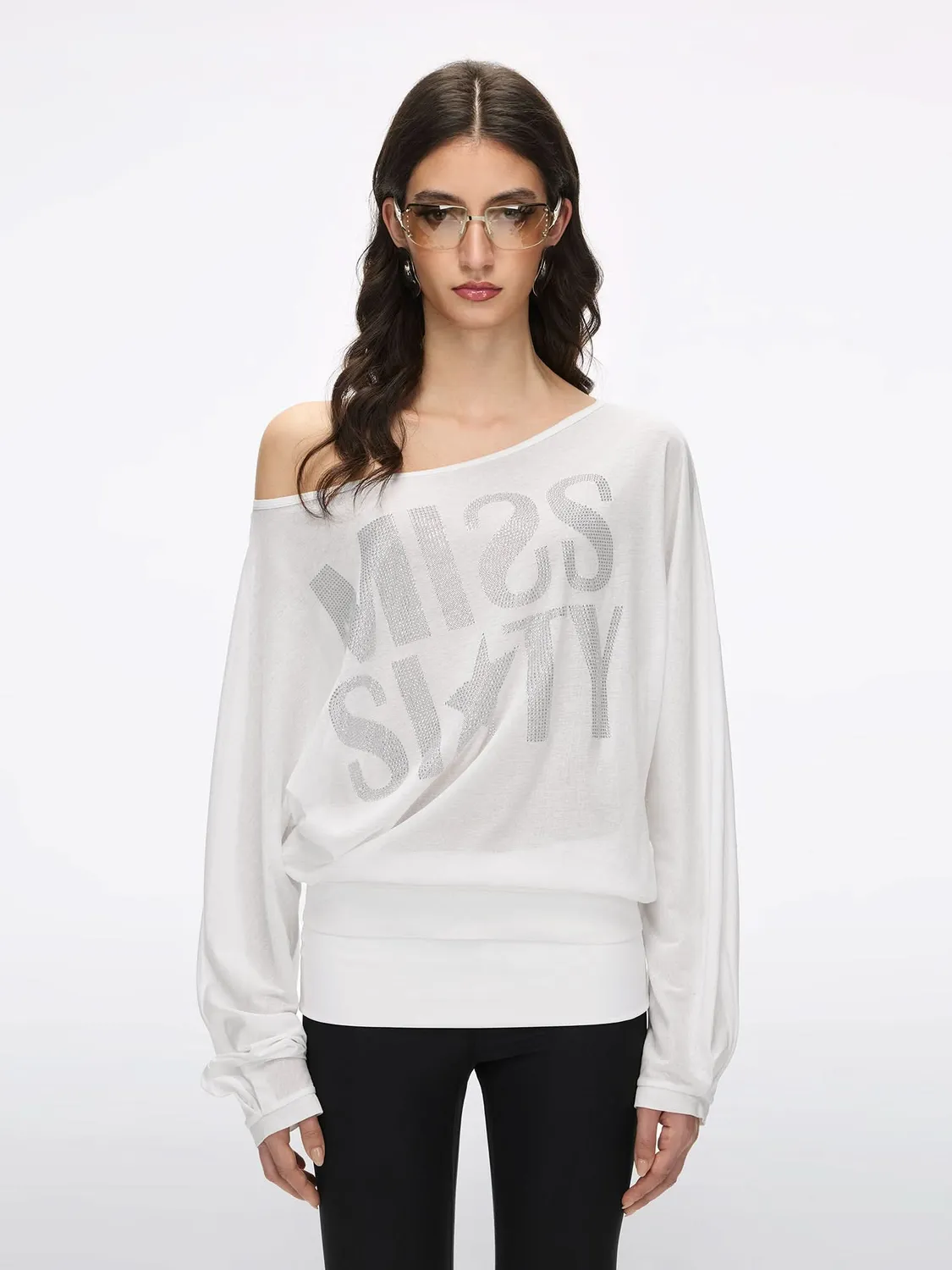 Miss Sixty Off-Shoulder Rhinestone T-shirt hvid strass