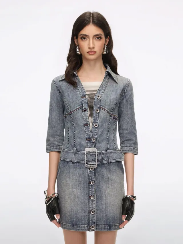 Miss Sixty Denim Dress With Belt blå denimkjole