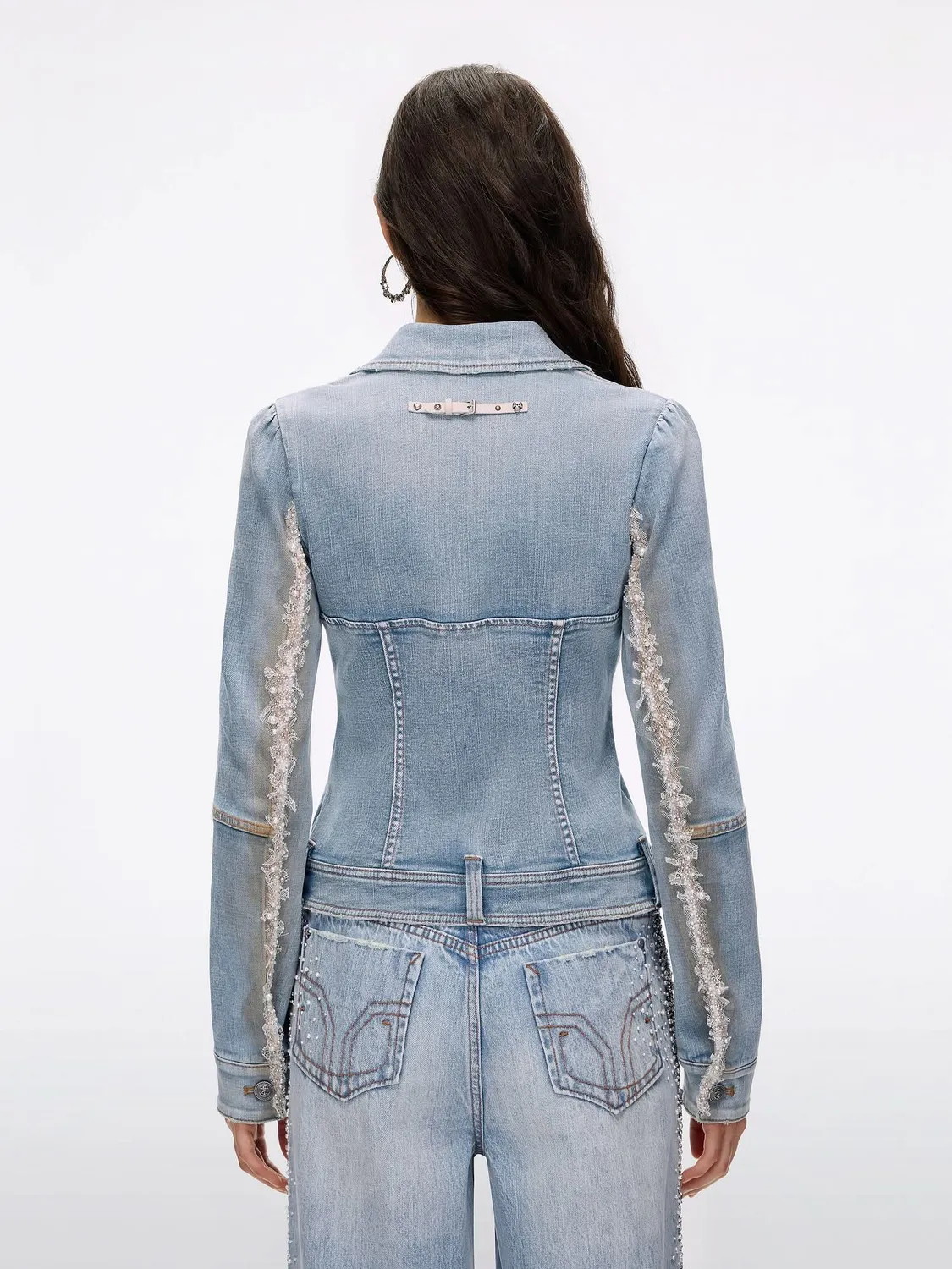 Miss Sixty Pearl Rhinestone denimjakke blå cropped perle