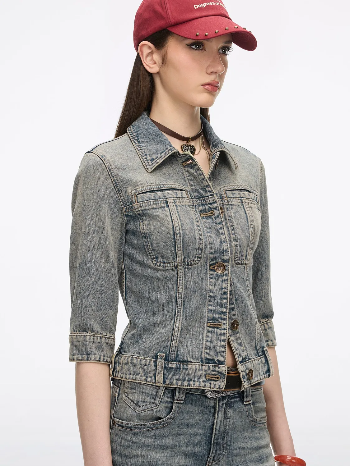 Miss Sixty Multi-Patch denimjakke blå patchwork korte ærmer