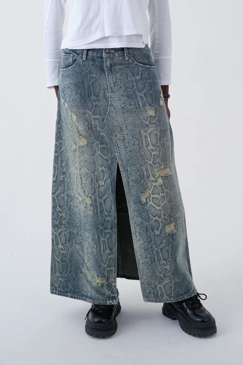 The Ragged Priest Skin Snakeskin Print denimnederdel maxi
