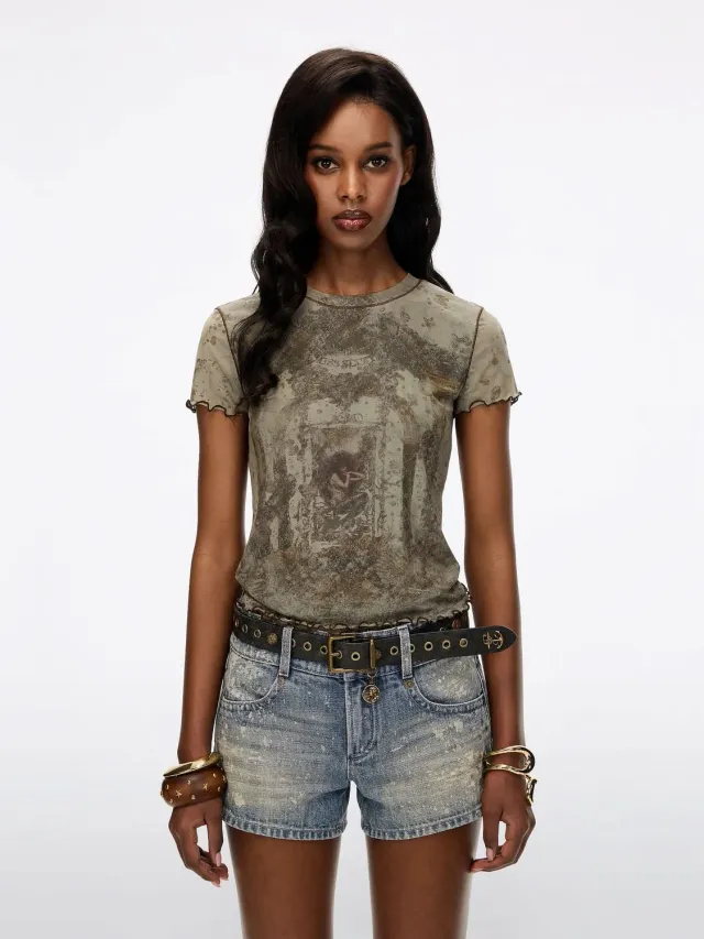 Miss Sixty Distressed Graphic T-shirt armygrøn mesh