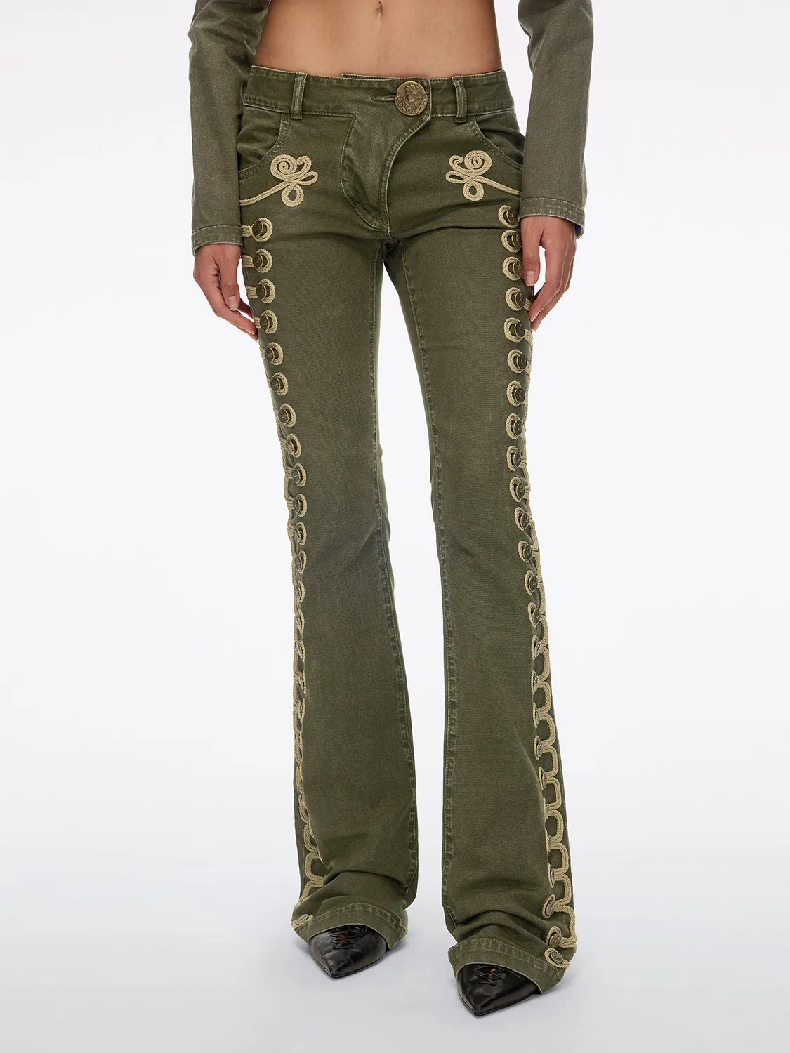 Miss Sixty Napoleon flare jeans armygrøn broderi