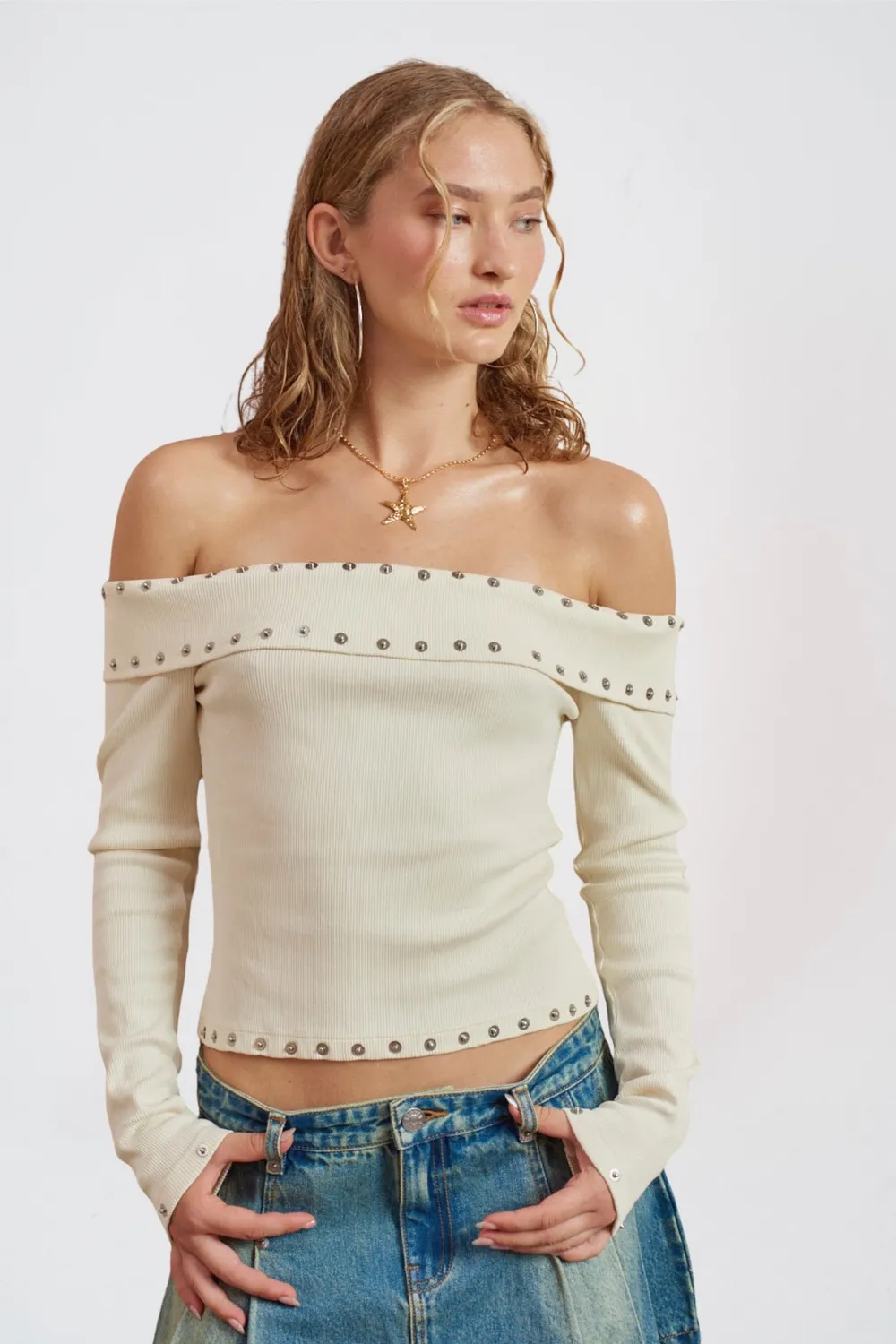 The Ragged Priest Steam Studded off shoulder top ecru nitter