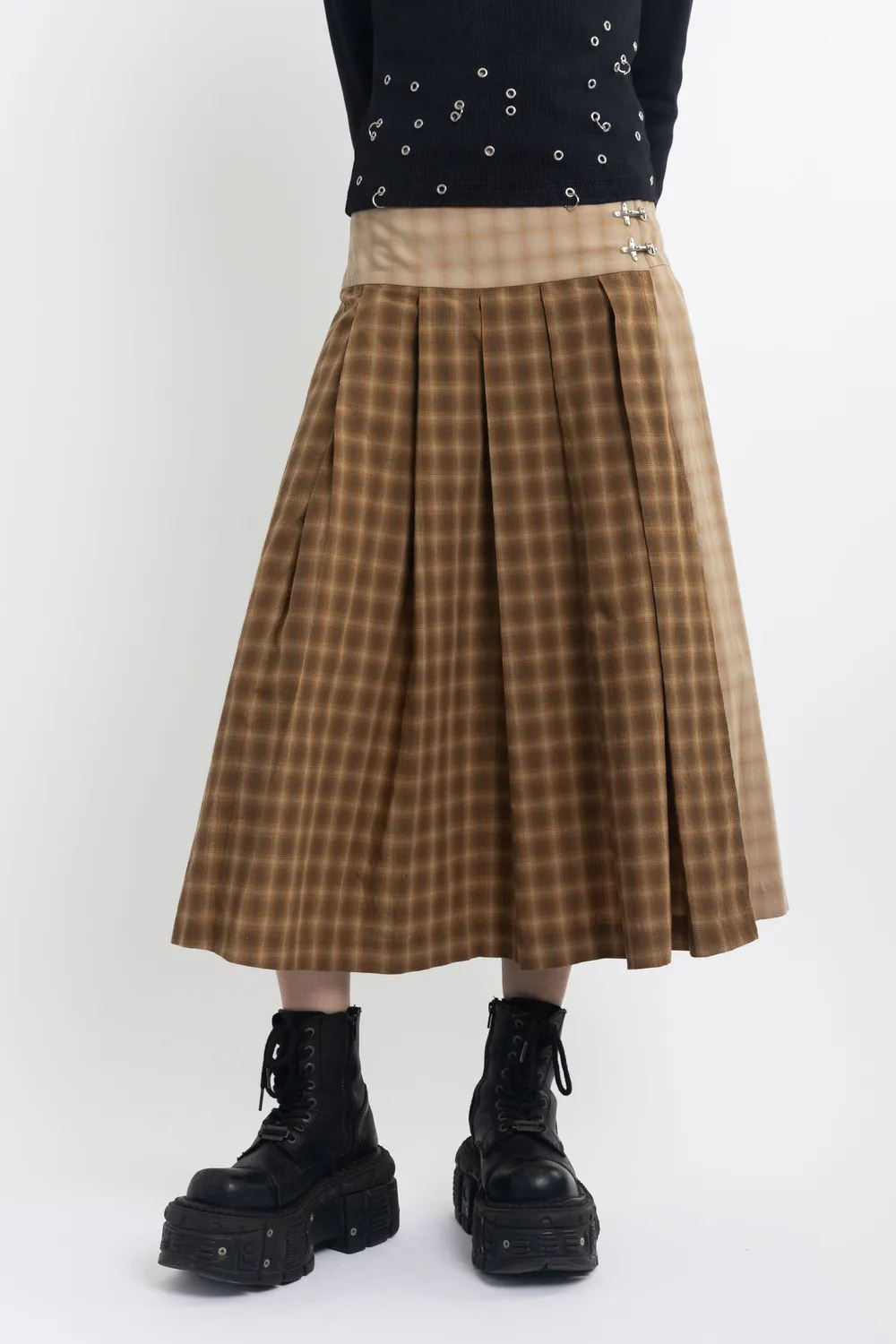 The Ragged Priest Pull Spliced Check Kilt midi nederdel beige