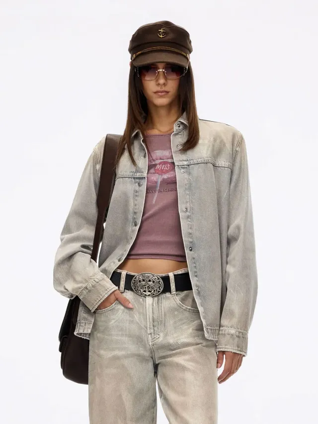 Miss Sixty Angel denimskjorte blå med nitter lange ærmer
