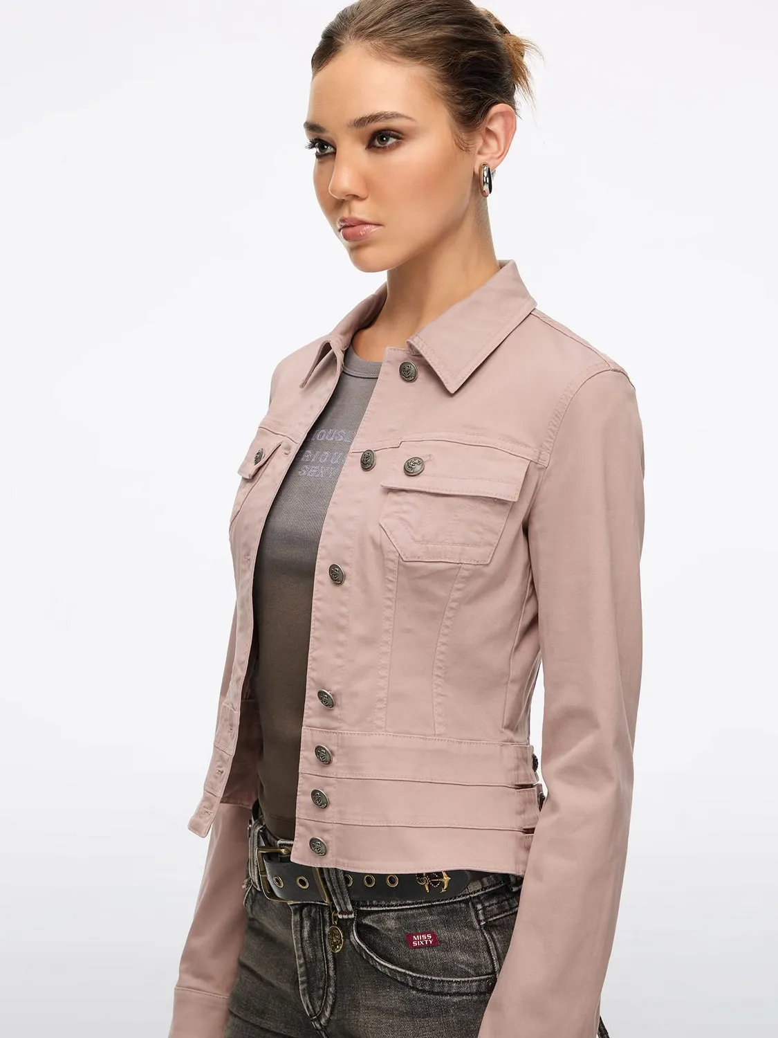 Miss Sixty Leather-Buckle jakke støvet rosa stretch