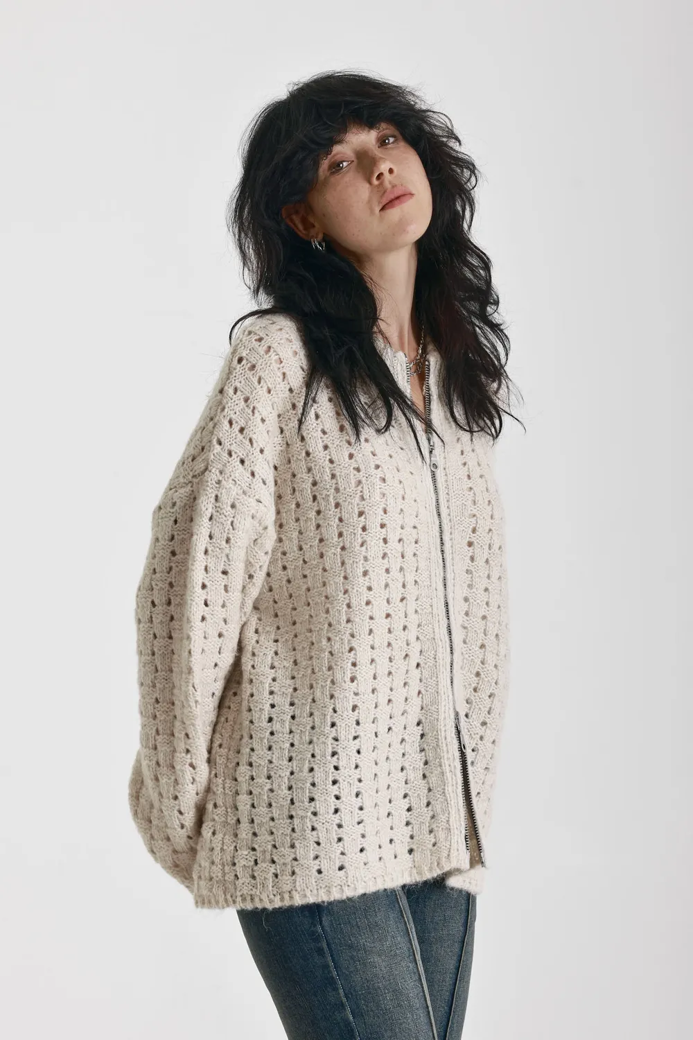 THE RAGGED PRIEST Folk oversized cardigan ecru med lynlås