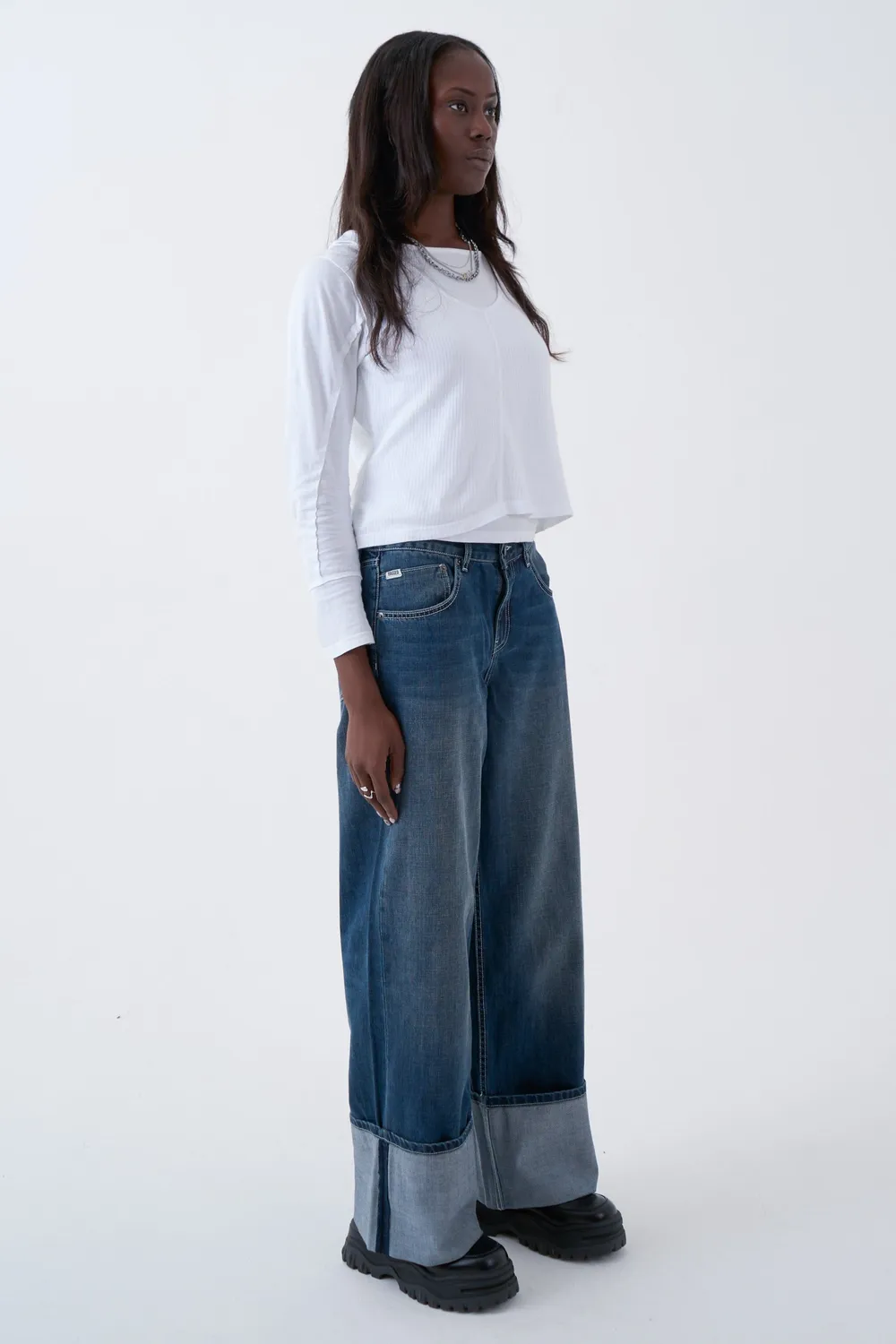 THE RAGGED PRIEST Turn Up Release jeans baggy mellemblå
