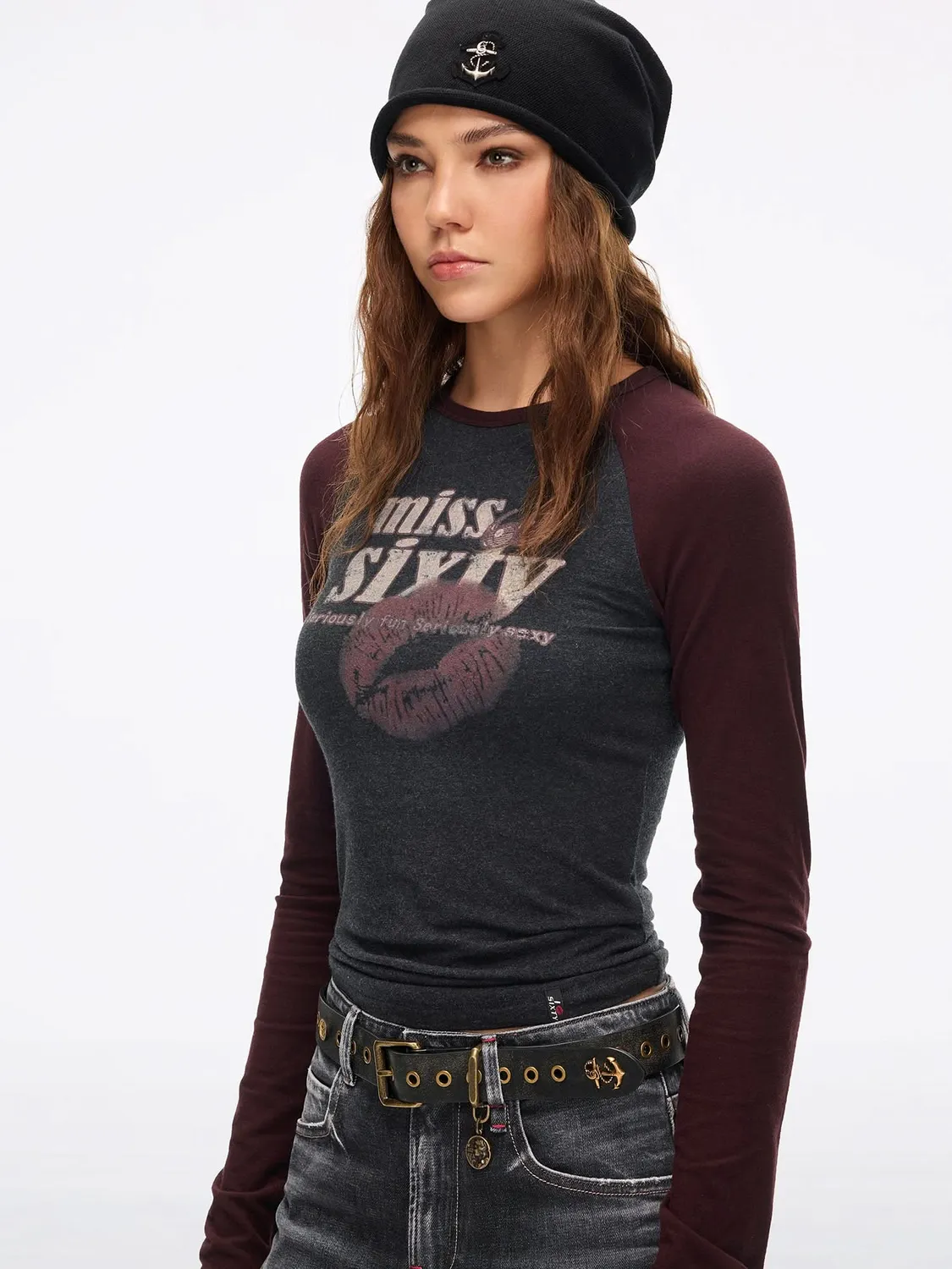Miss Sixty 6M3SJ33700 t-shirt mørkegrå kys-print modal