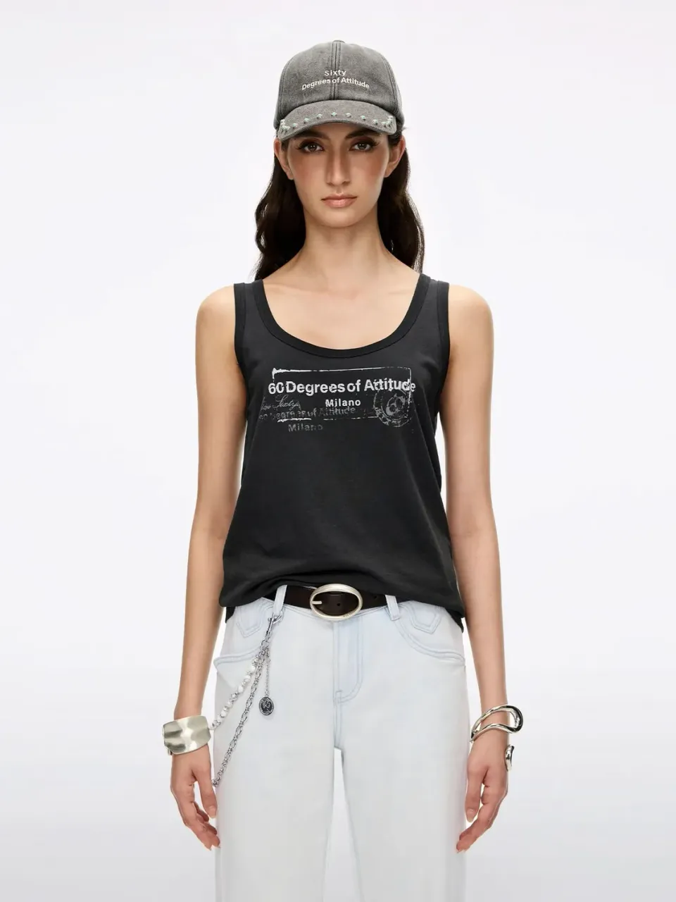 Miss Sixty aermelos T-shirt sort U-hals slid print