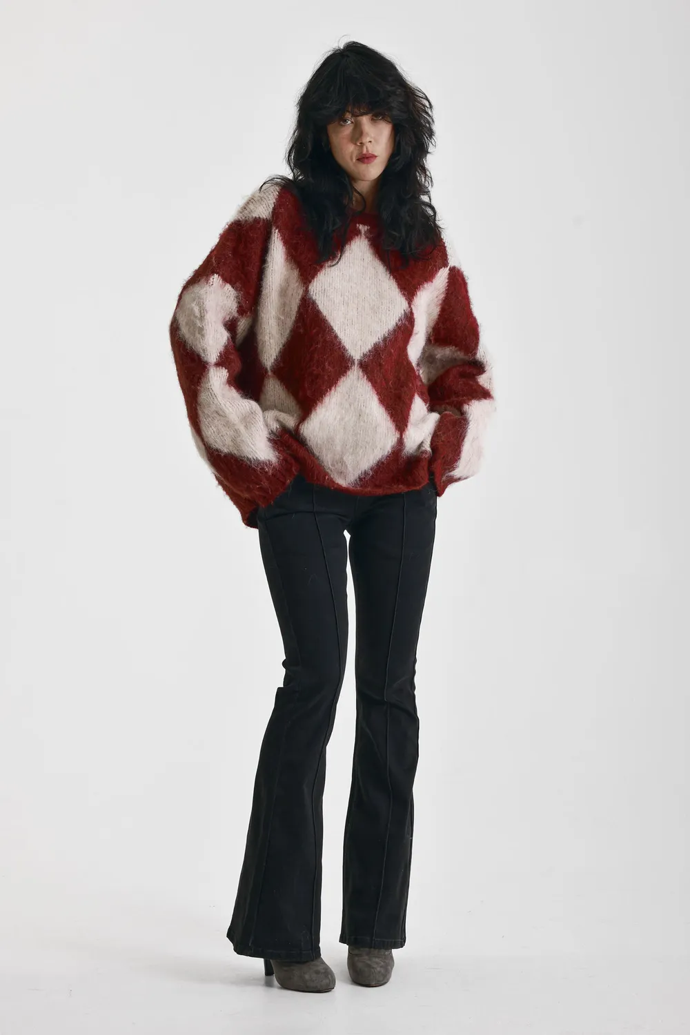 THE RAGGED PRIEST Rook Oversized striktrøje argyle bordeaux