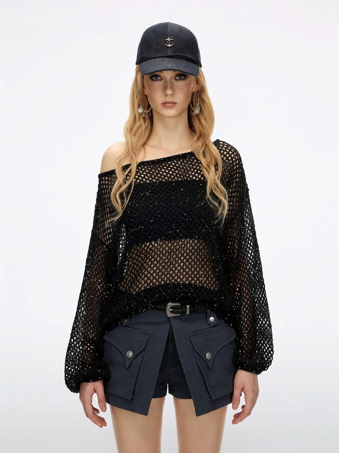 Miss Sixty Shimmering Mesh strik top sort palietter XS-L