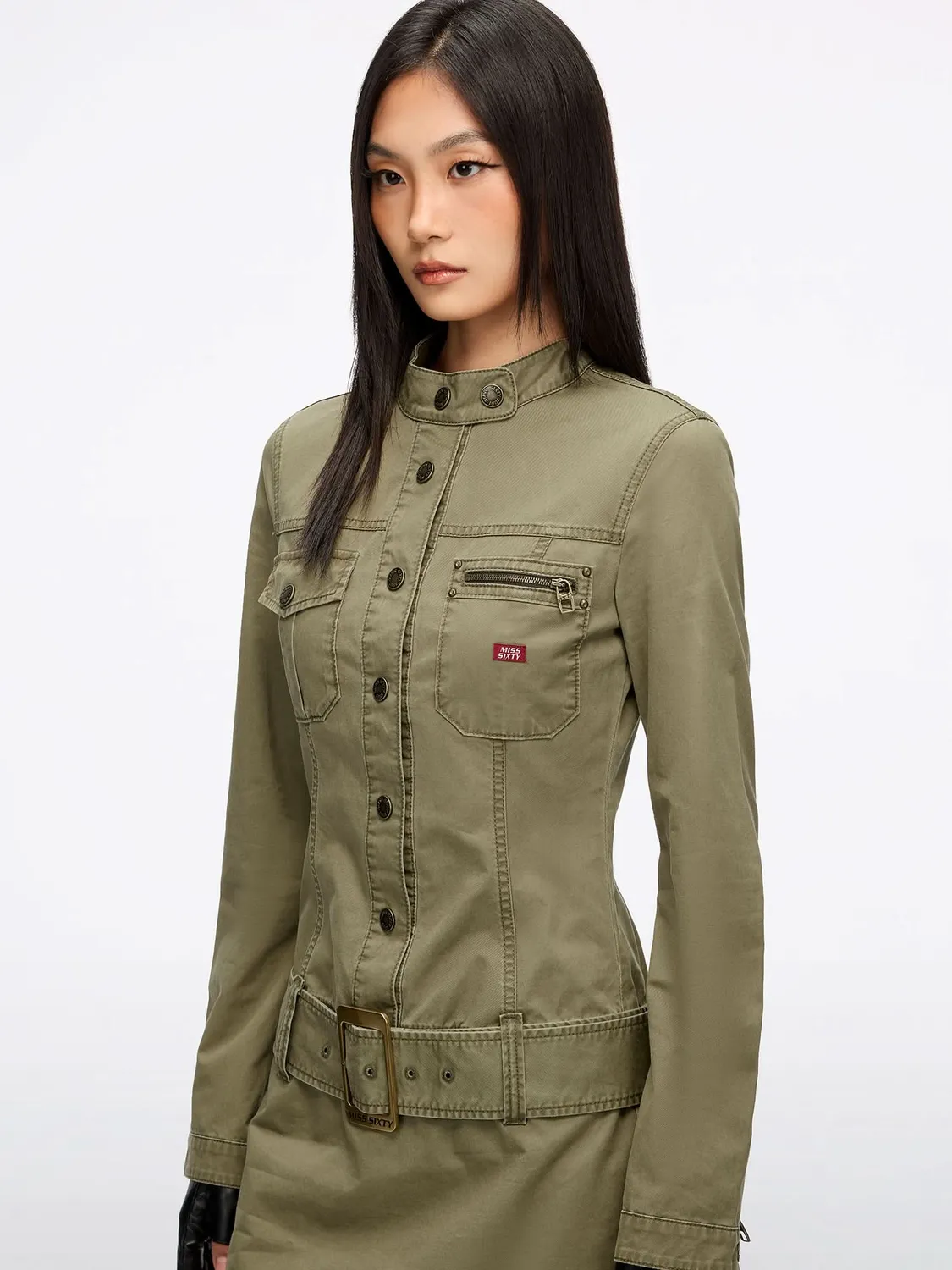 Miss Sixty bæltekjole militærgrøn twill bomuld