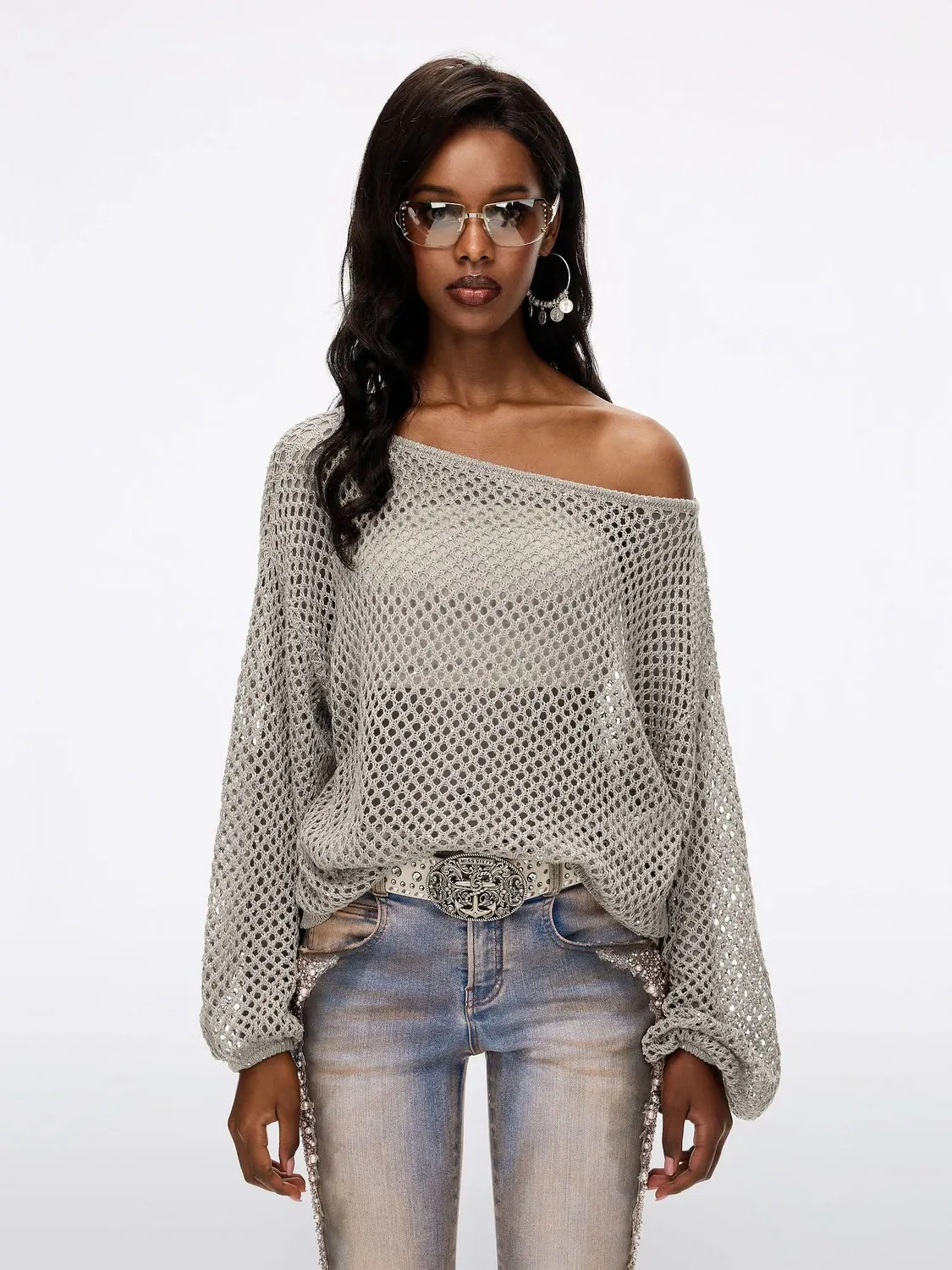 Miss Sixty Shimmering Mesh Knit Top strikbluse black palietter