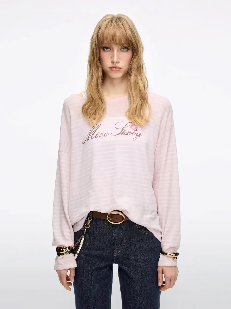 Miss Sixty Logo Knit Top strikbluse lyserød hvid hørblanding