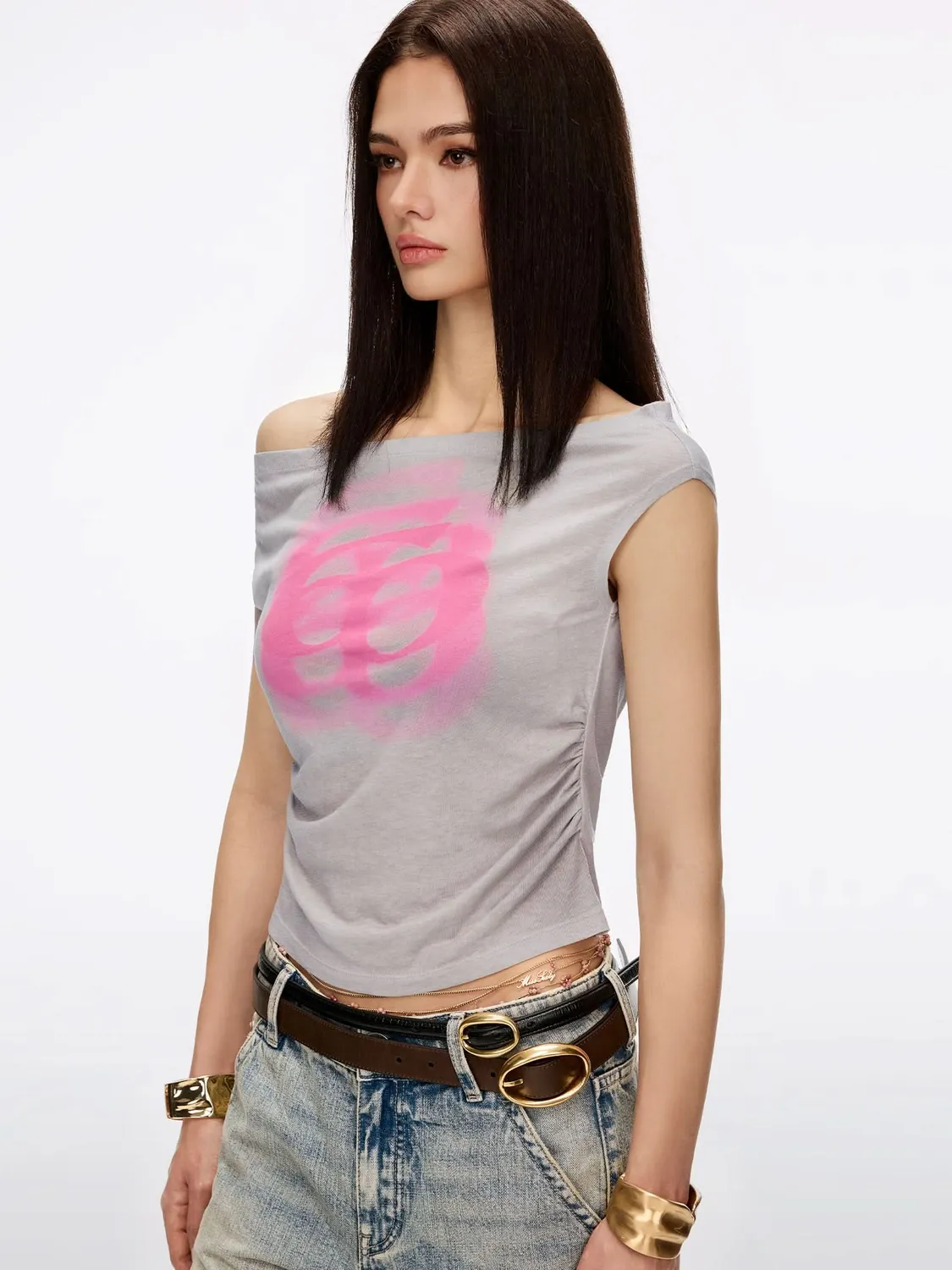 Miss Sixty off-shoulder t-shirt vintage kakifarvet