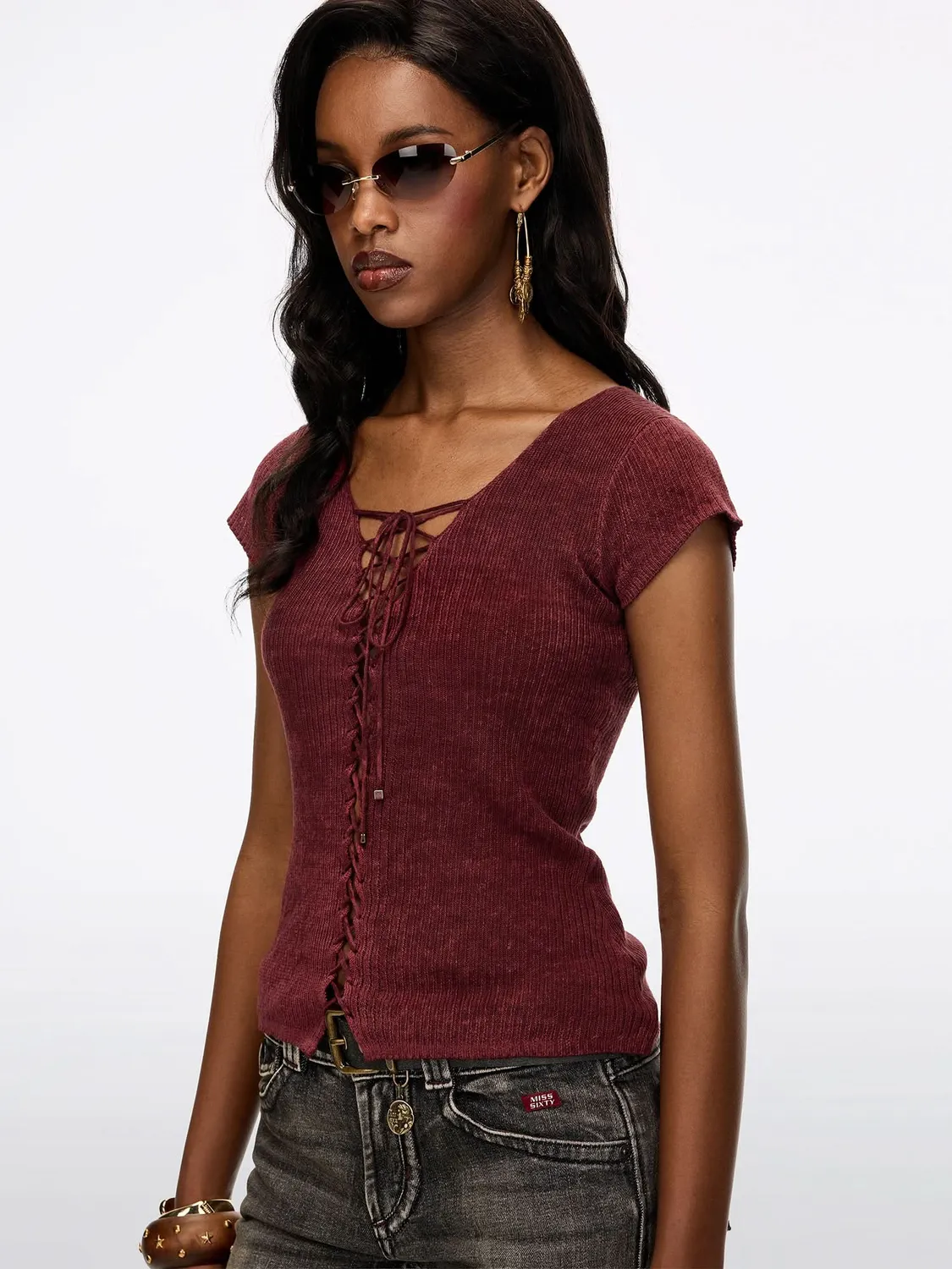 Miss Sixty Faded Printed strik retro rød hør cropped