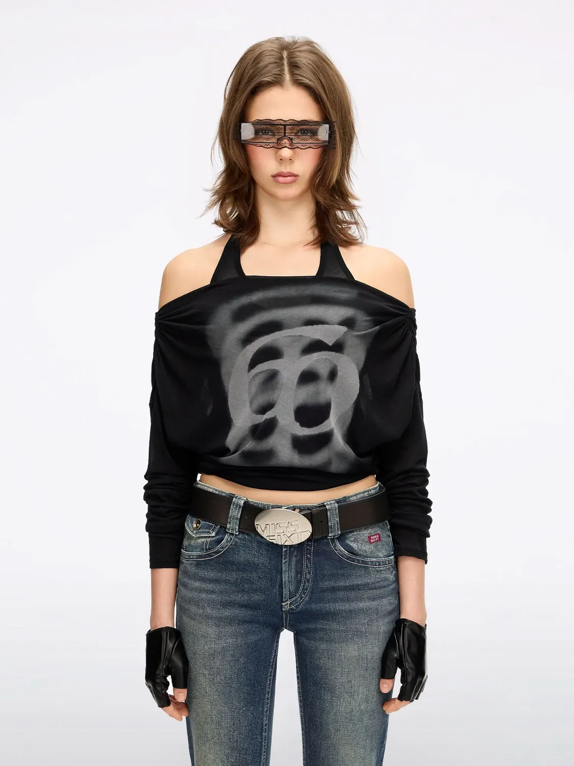 Miss Sixty Logo t-shirt vintage brun off-shoulder