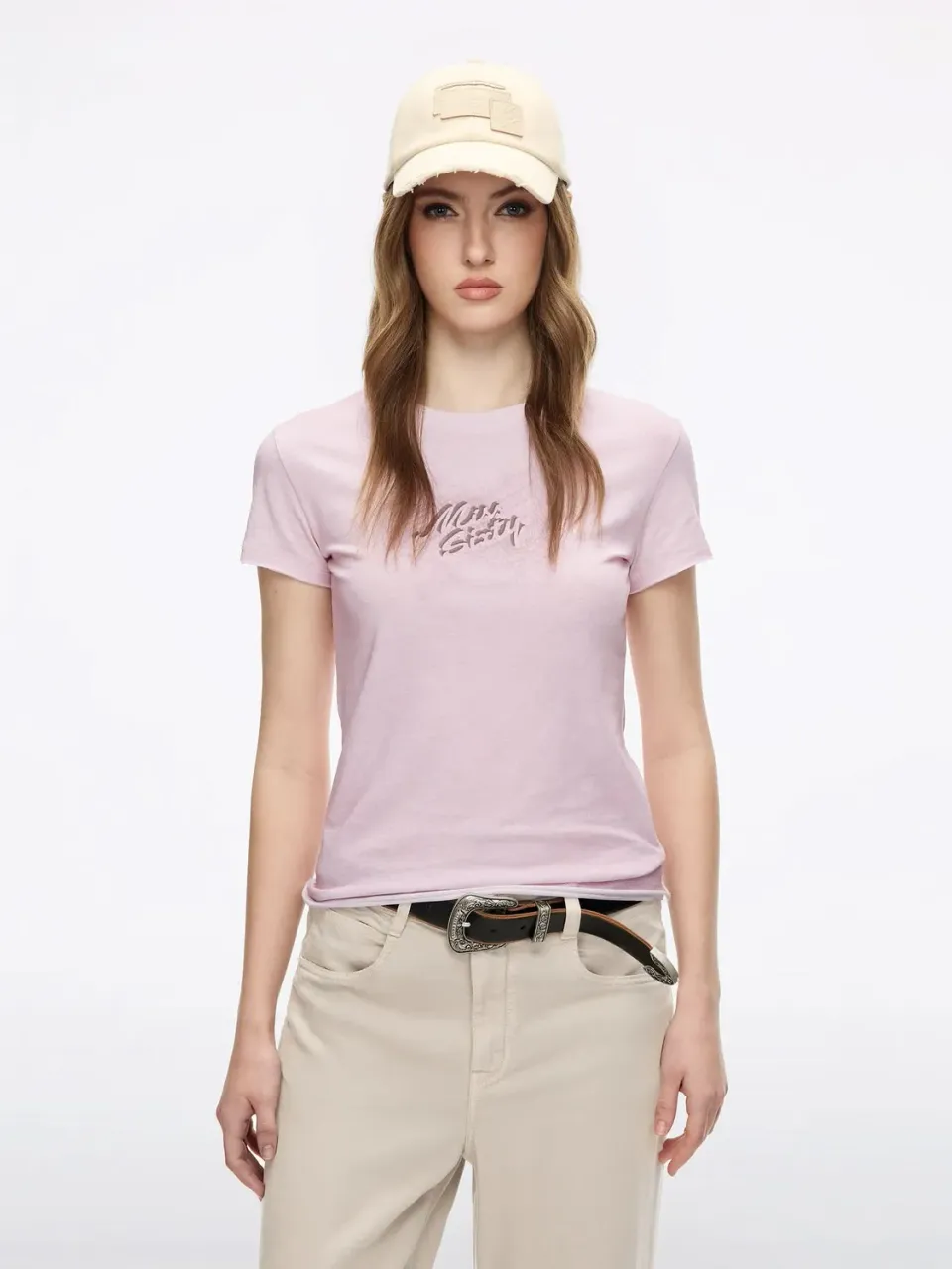 Miss Sixty Distressed Logo T-shirt lyserosa hørbomuld