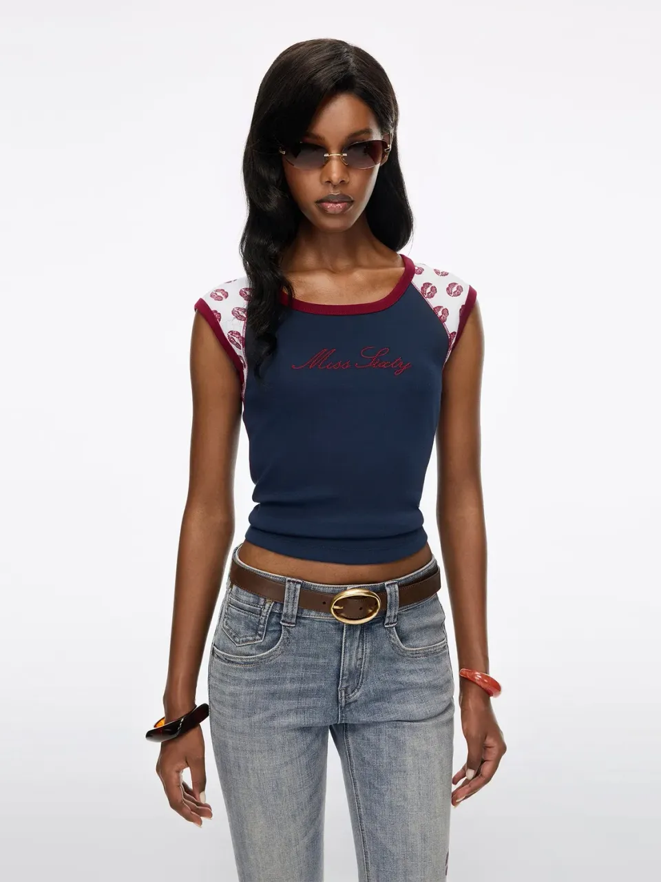 Miss Sixty cropped t-shirt navy læbeprint bomuld