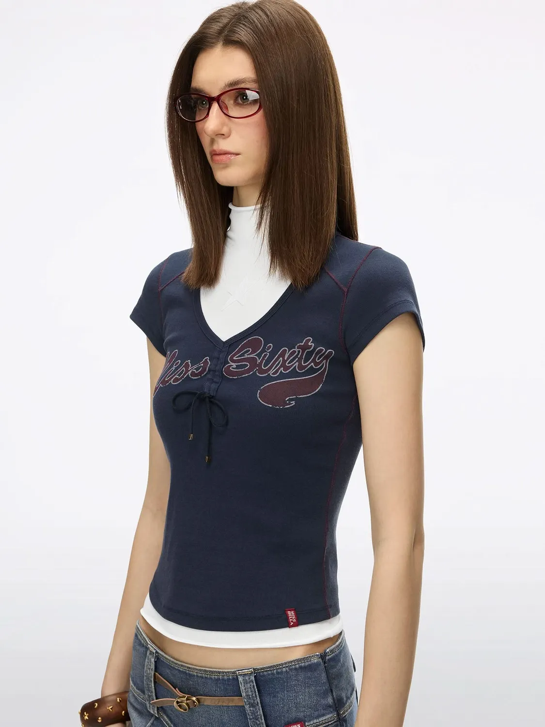 Miss Sixty Logo Print T-shirt navy V-hals slim-fit