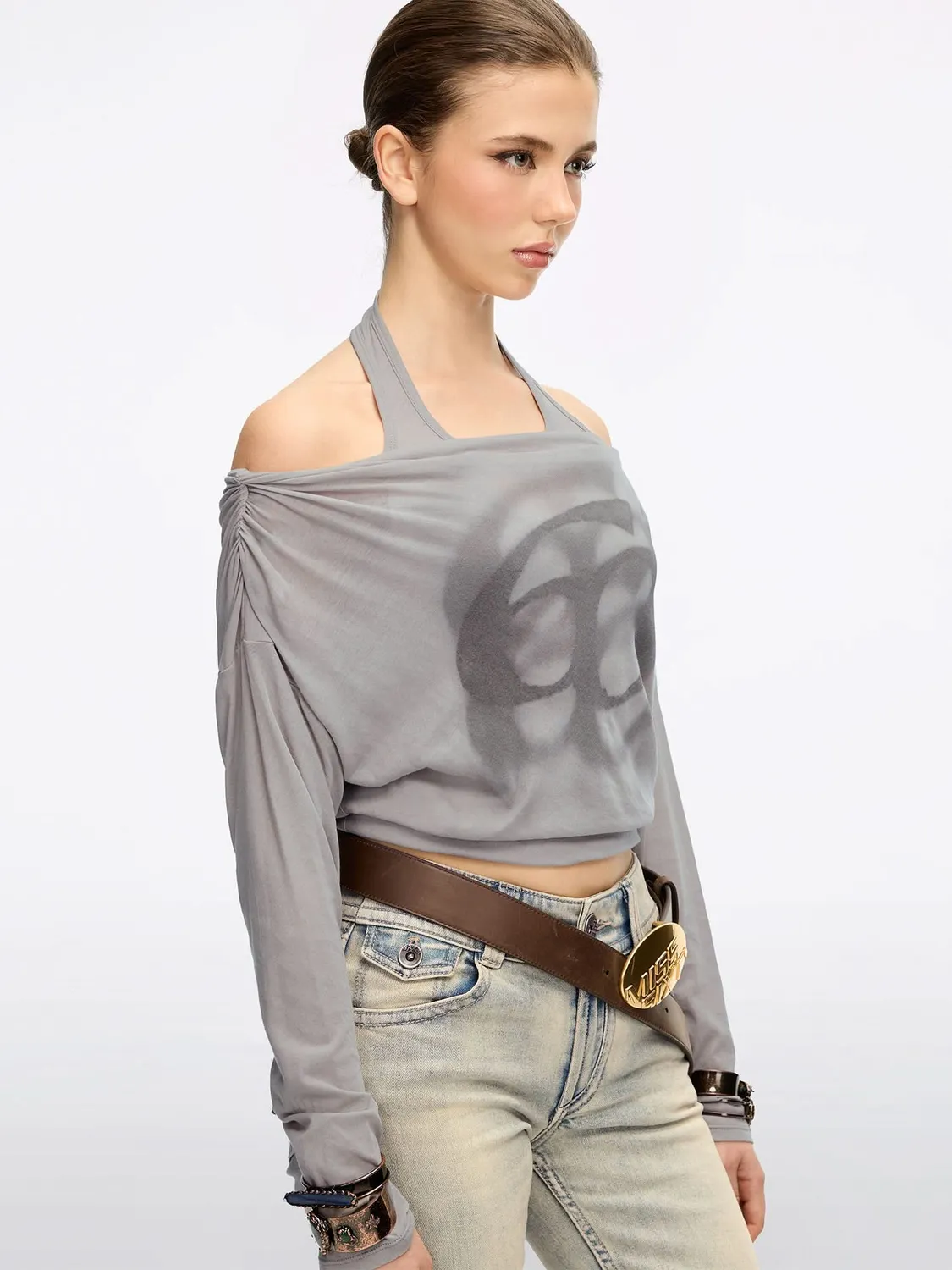 Miss Sixty Logo t-shirt vintage brun off-shoulder
