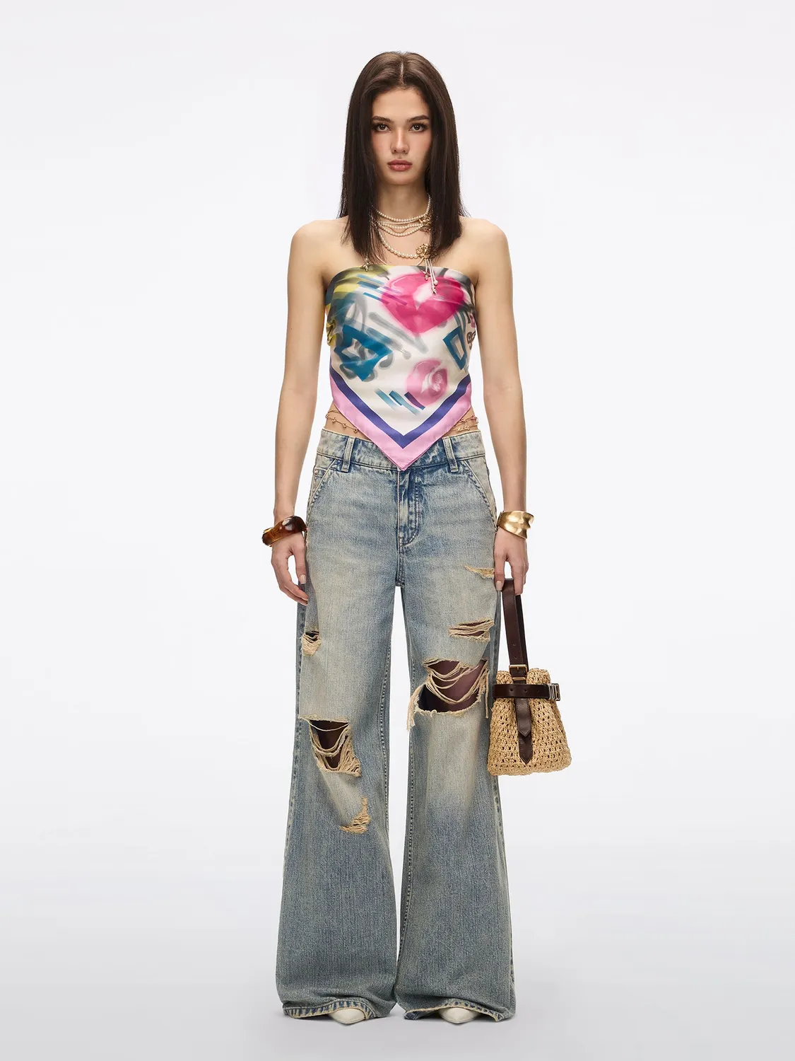 Miss Sixty Chain Detail flare jeans mellemblå lav talje
