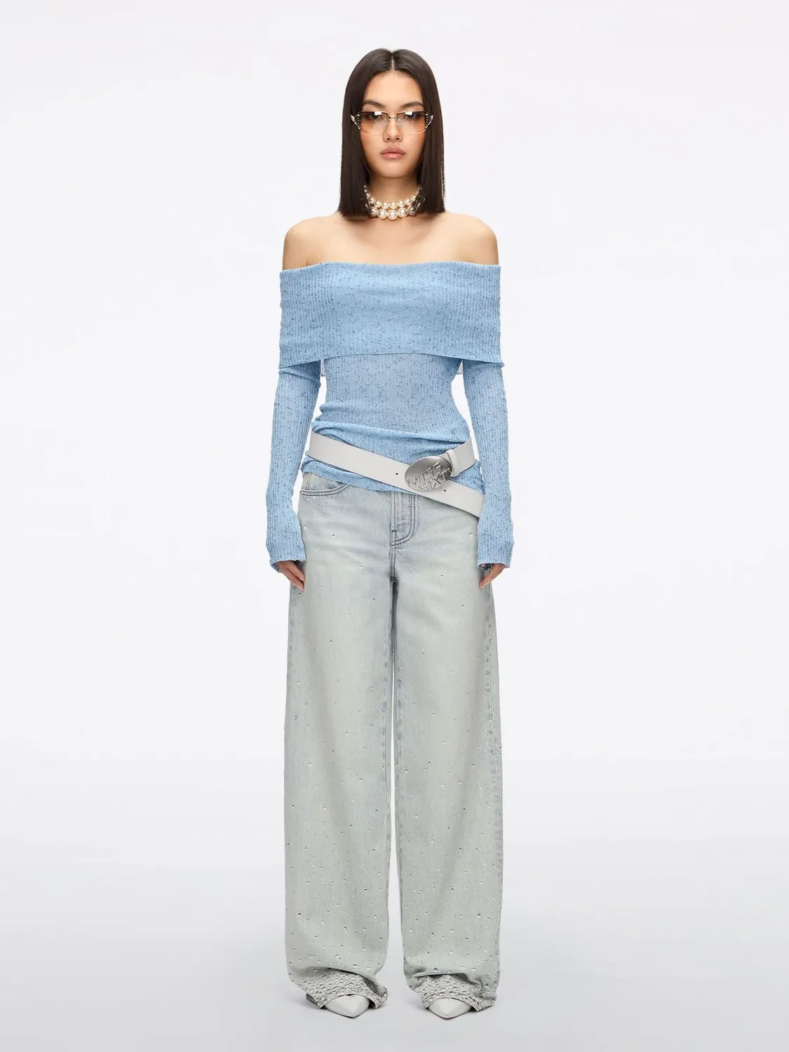 Miss Sixty strikbluse light blue off-shoulder