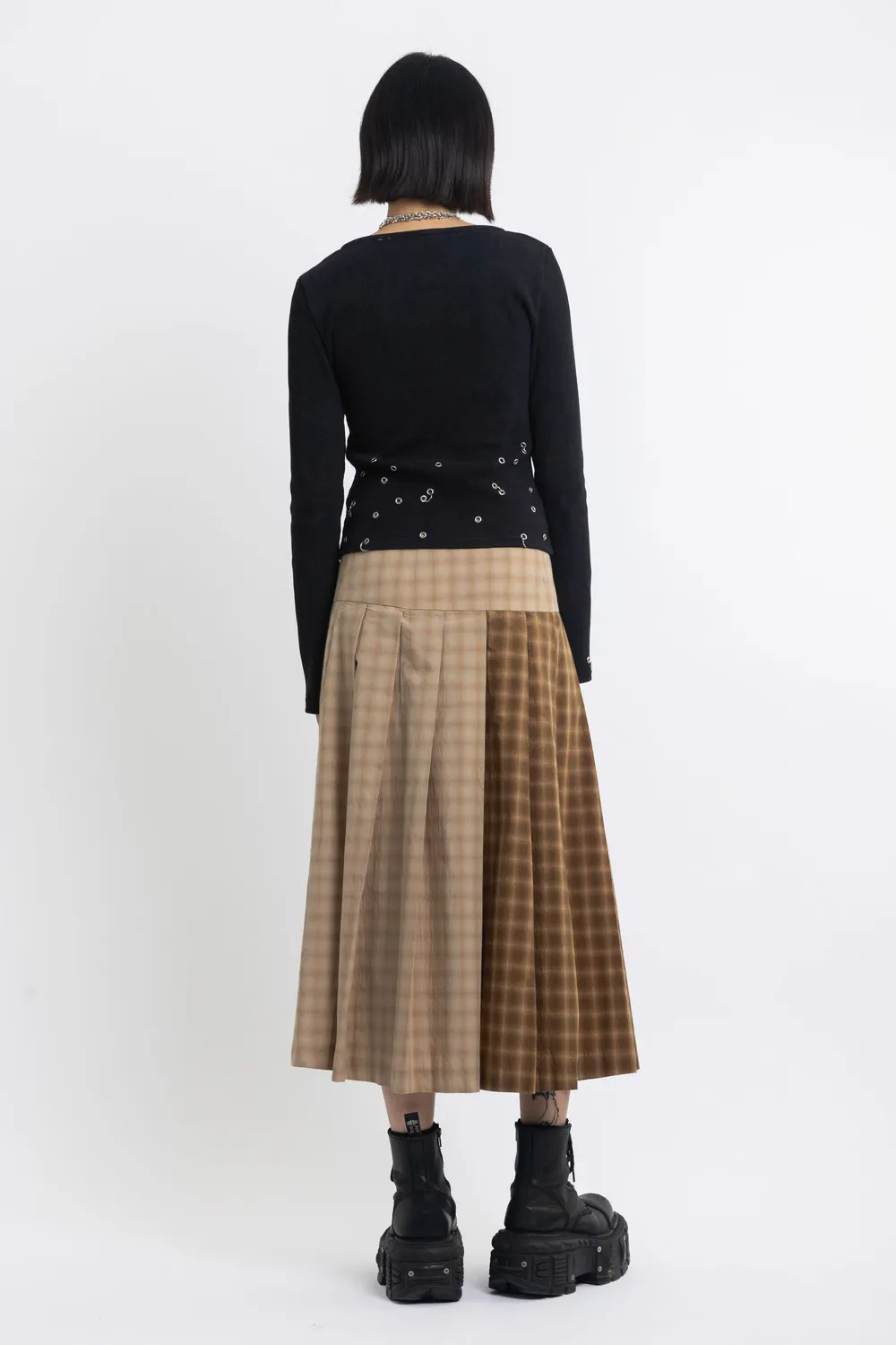 The Ragged Priest Pull Spliced Check Kilt midi nederdel beige