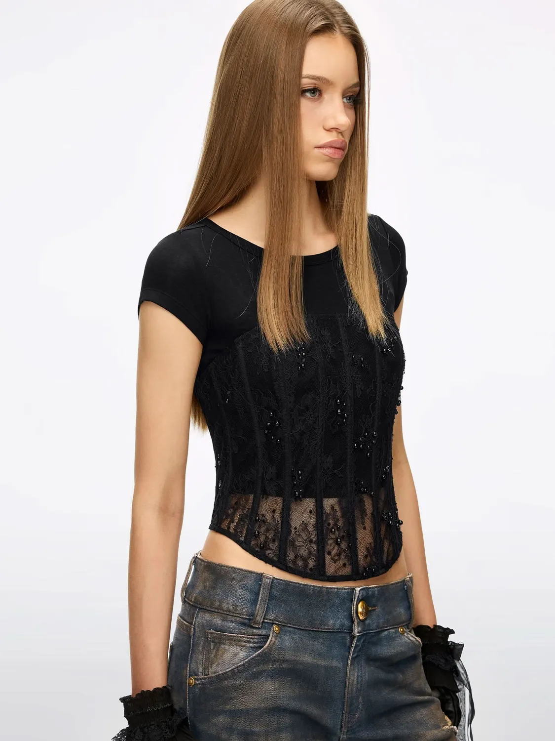 Miss Sixty Beaded Lace Layered Shirt top sort perleblonde